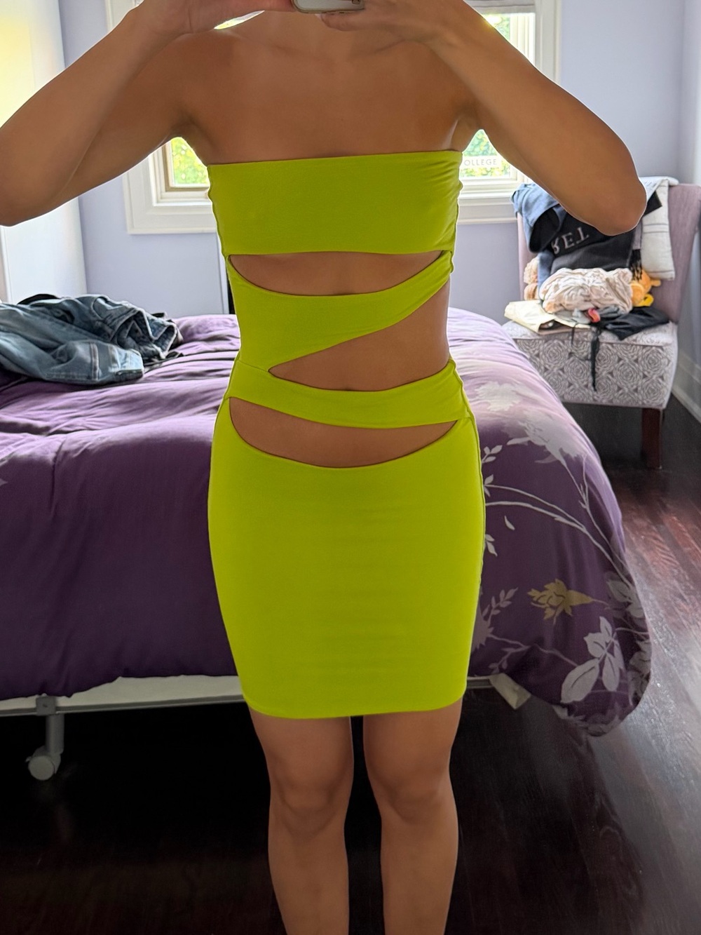 Oh Polly Neon Lime Strapless Cutout Bodycon Dress
